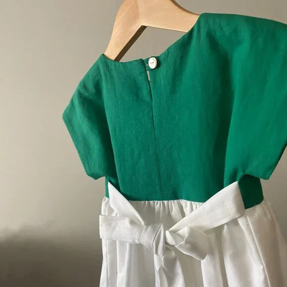 Handmade Children's Green White Linen Viscose Cotton Crochet Flower Dress - Picture 12 of 14